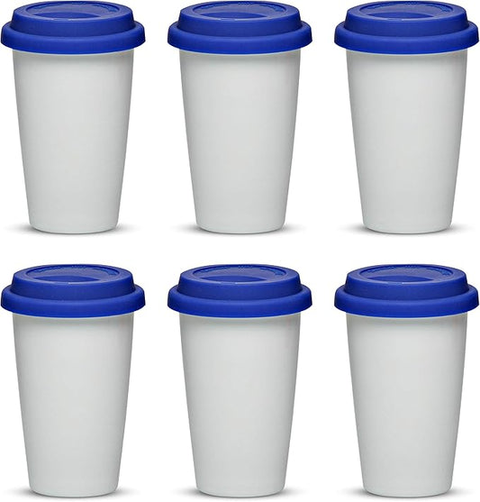 DISCOUNT PROMOS 11 oz. Double Wall Ceramic Tumblers with Lid - 6 Pack - Blue