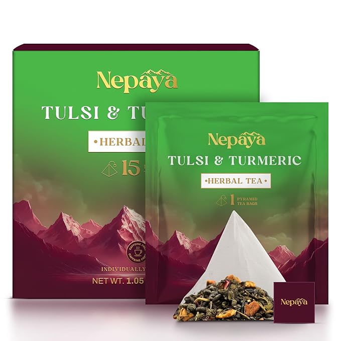Nepaya Tulsi & Turmeric Herbal Tea – 15 Pyramid Tea Bags, Holy Basil Blend with Cinnamon & Black Pepper, Biodegradable, Caffeine-Free, Himalayan Tisane