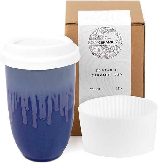 NOVA CERAMICS Ceramic Tumbler– Blue Ceramic Mug – Microwave & Dishwasher Safe Coffee White & Orange Tumbler - Leak-Proof Coffee Travel Mug – 12oz – Neptune