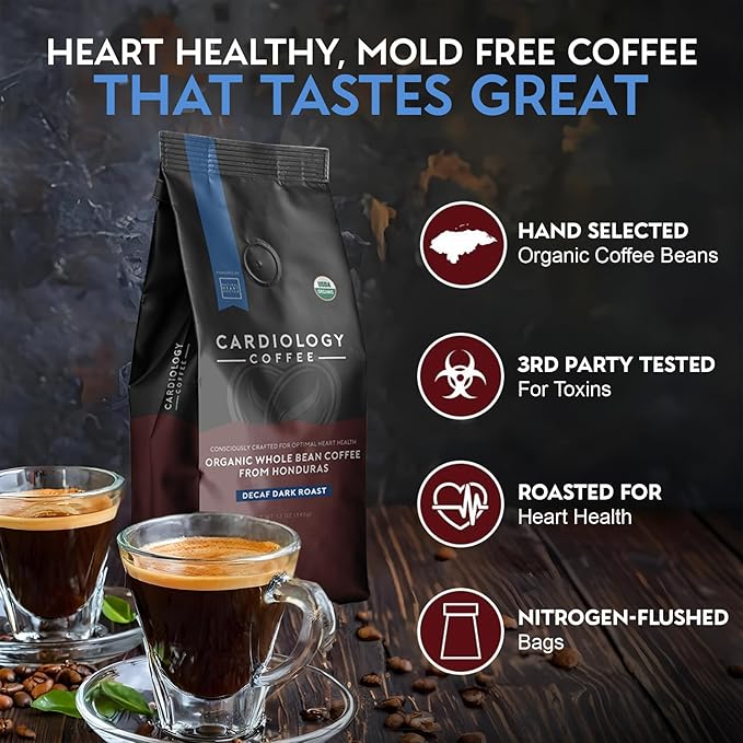 Cardiology Coffee – Decaf Coffee Beans – USDA Certified Organic, Mold Free 12oz Premium Whole Bean Coffee Dark Roast – Decaf Espresso Beans with Swiss Water Decaf and Antioxidant Benefits – Heart Healthy Lifestyle