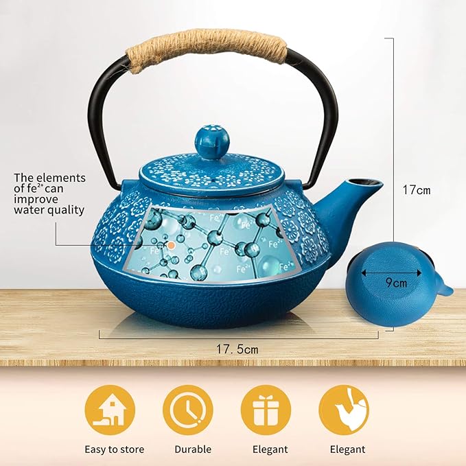 Sotya Cast Iron Teapot, 30oz/900ml Japanese Tetsubin Tea Pot with Infuser for Loose Leaf and Tea Bags, Tea Kettle Coated with Enameled Interior for Stove Top, Dark Blue