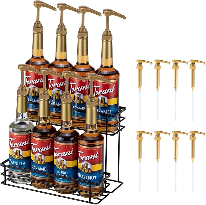 Rice rat Coffee Syrup Organizer Rack, (8 Bottle Capacity),2 Tier Coffee Syrup holder for Coffee Bar Accessories,Kitchen,Storage for Syrup, Wine, Dressing（Black）