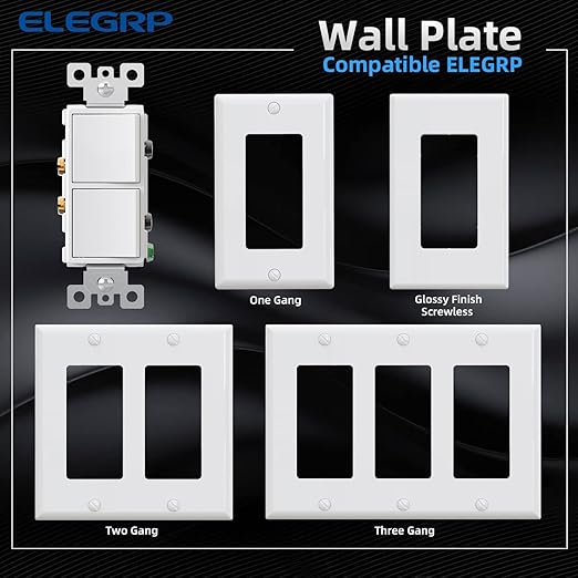 ELEGRP Decorator Double Rocker Light Switch, Two Single Pole Electrical Paddle Switch, 15A 120V, in-Wall On/Off, with Screwless Wall Plate, Self-grounding, UL Listed (2 Pack, Glossy White)