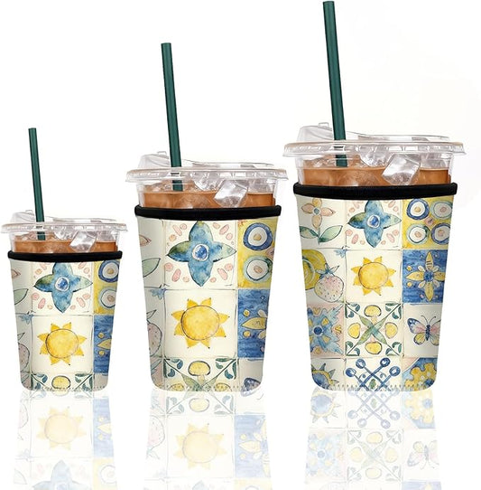Neoprene Iced Coffee Sleeve 3 Pack, Reusable Insulated Cup Holder with Colorful Watercolor Pattern, Fits 16–32 oz Tumblers, Compatible with Starbucks & Dunkin