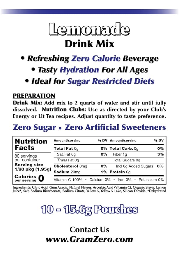 GramZero Lemonade, Sugar Free Drink Mix, Pitcher Pack, Great For Nutrition Club Loaded Tea, Zero Calorie, Stevia Sweetened
