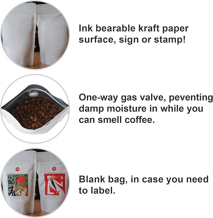 Pack of 50 White Kraft Paper Coffee Bags with Degassing Valve, Stand-up Coffee Pouches in Food Grade with Resealable Zipper Lock (8oz, 0.5lb, 50 Pieces)