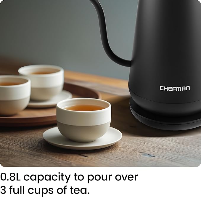 Chefman Gooseneck Electric Kettle, 0.8L Pour Over Tea Kettle for Coffee and Tea, One-Touch Operation, Boil-Dry Protection, Auto Shut-Off, Ultra-Fast Hot Water Boiler – Black (Renewed)