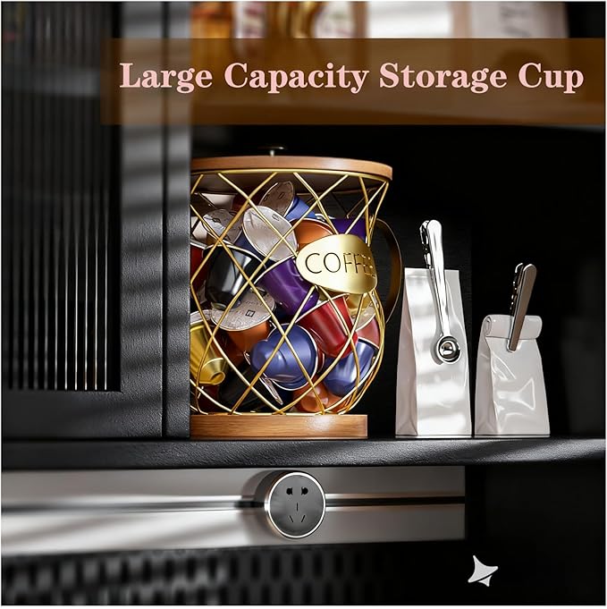 Coffee Pod Holder with Lid -Coffee Creamer Holder Large Capacity Holder for k Holder Organizer for Counter - Coffee Decor Station for Pods, Espresso, Capsules, Creamer, (Gold-HH)