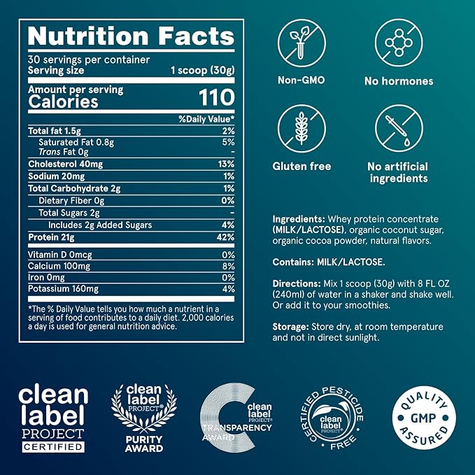 Puori Whey Protein Powder, Dark Chocolate - PW1 Pasture-Raised, Grass-Fed Whey Protein Powder Drink Mix containing BCAA Amino Acids - Post-Workout Supplement for Muscle Gain & Recovery - 30 Servings