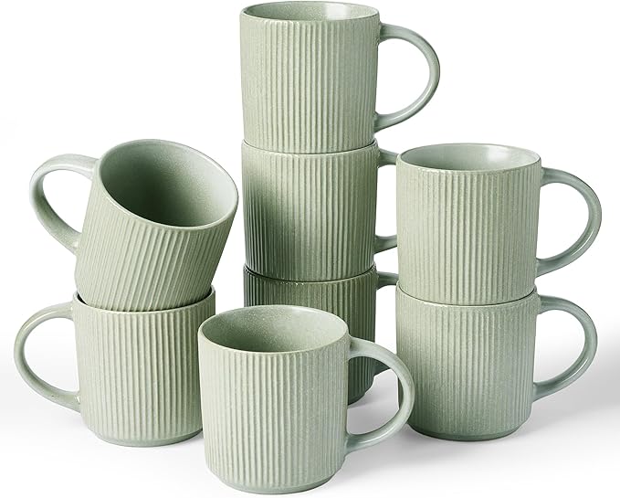 famiware Coffee Mug Set for 8, Star 12 oz Catering Mugs Cup Set with Handle for Coffee, Tea, Cocoa, Milk - Ceramic Stoneware Drinkware Set, Matte Green