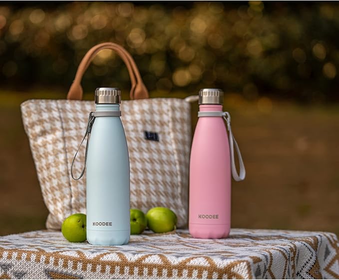 koodee Insulated Water Bottle 2 Pack Stainless Steel Double Wall Vacuum Sports Water Bottle, 17 oz Cola Shape Leak Proof Travel Water Flask (2 Pack Royal Blue)