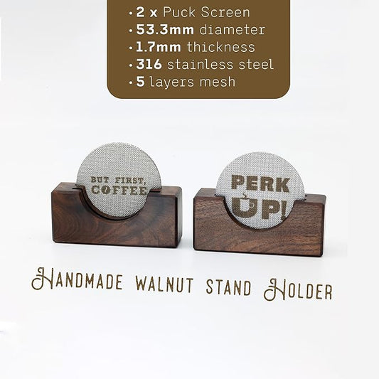 2Packs 53.3mm Espresso Puck Screen | Handmade Walnut Stand | 1.7mm Thickness 150μm 316 Stainless Steel