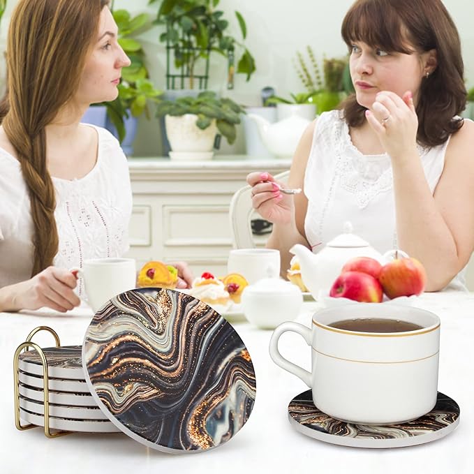 6 Pcs Black and Gold Marble Coasters with Holder Best Round Absorbent Coasters for Drinks, Coffee, Beer, Table Marble Personalized Coaster Sets