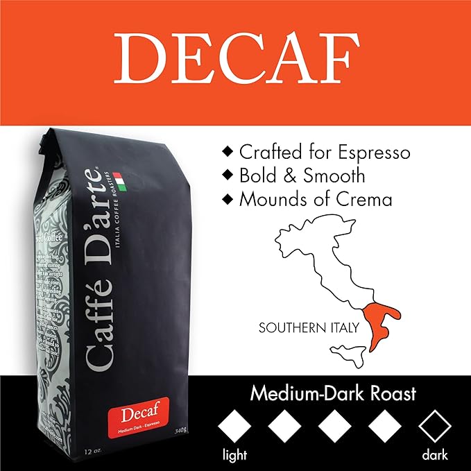 Caffe D'arte Decaf Whole Bean Espresso Coffee, 12 Ounce