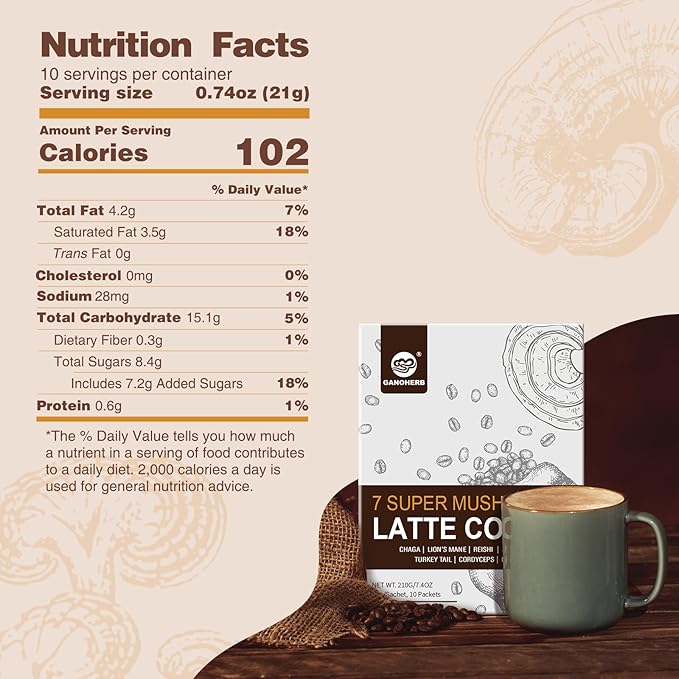 7 in 1 Mushroom Coffee Mix, Instant Latte Coffee Blend Nootropic Cafe Complex with Reishi, Lion’s Mane, Chaga, Turkey Tail, Maitake, Cordyceps for Energy Focus Immune Boost (12 Servings)