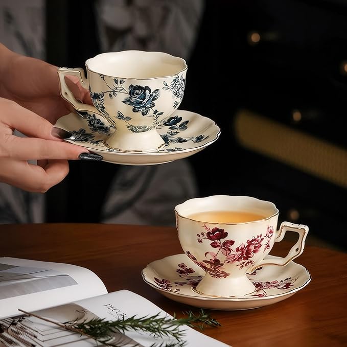 KAMMAK Tea Cups and Saucers Set of 2, Porcelain Coffee Cups, 7-Ounce Stackable Espresso Mugs, Ceramic Demitasse for Coffee, Latte, Americano, Tea, Red Orchid