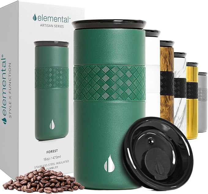 Elemental Artisan Insulated Tumbler, Triple Wall Coffee Travel Mug, Reusable Stainless Steel Coffee Tumbler with Ceramic Lid, Thermal Coffee Cups for Hot (6 Hrs) & Cold (18 Hrs), 16oz - Forest Green