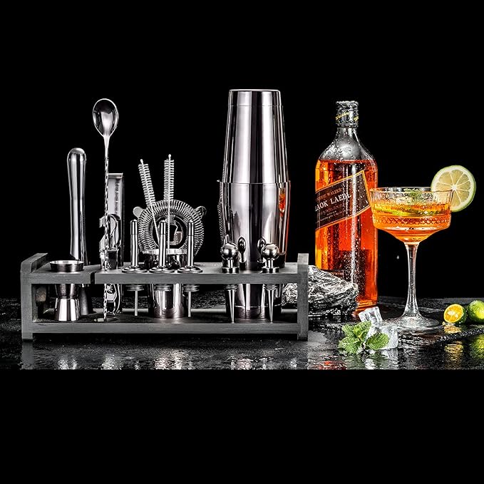 Soing 24-Piece Cocktail Shaker Set,Perfect Home Bartender Kit for Drink Mixing,Stainless Steel Bar Tools With Stand,Velvet Carry Bag & Recipes Cards Included (Black)