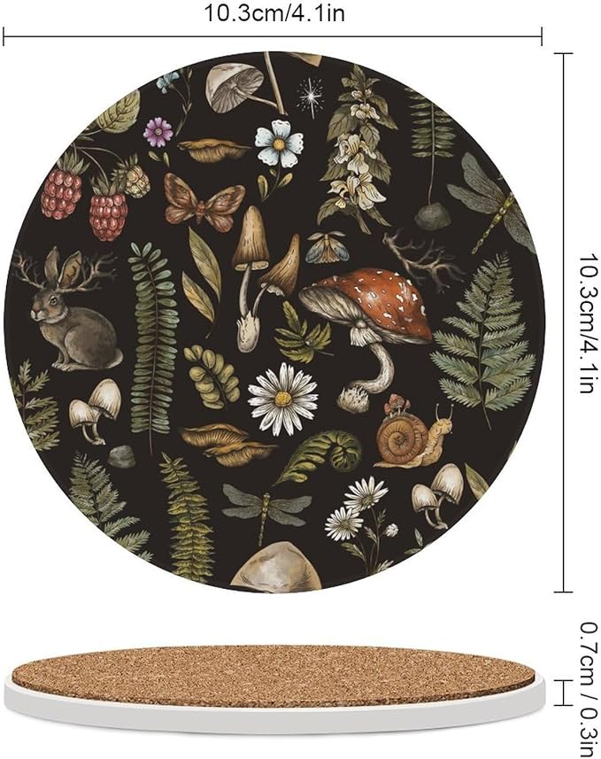 Round-6PCS Botanical Drink Coasters, Round Modern Ceramic Absorbent Coasters, Vintage Plant Botanical Cartoon Mushroom Flower Decor Desk Coffee Table Coaster for Beverage Cup Tea Coasters