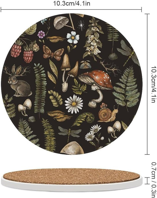Round-6PCS Botanical Drink Coasters, Round Modern Ceramic Absorbent Coasters, Vintage Plant Botanical Cartoon Mushroom Flower Decor Desk Coffee Table Coaster for Beverage Cup Tea Coasters