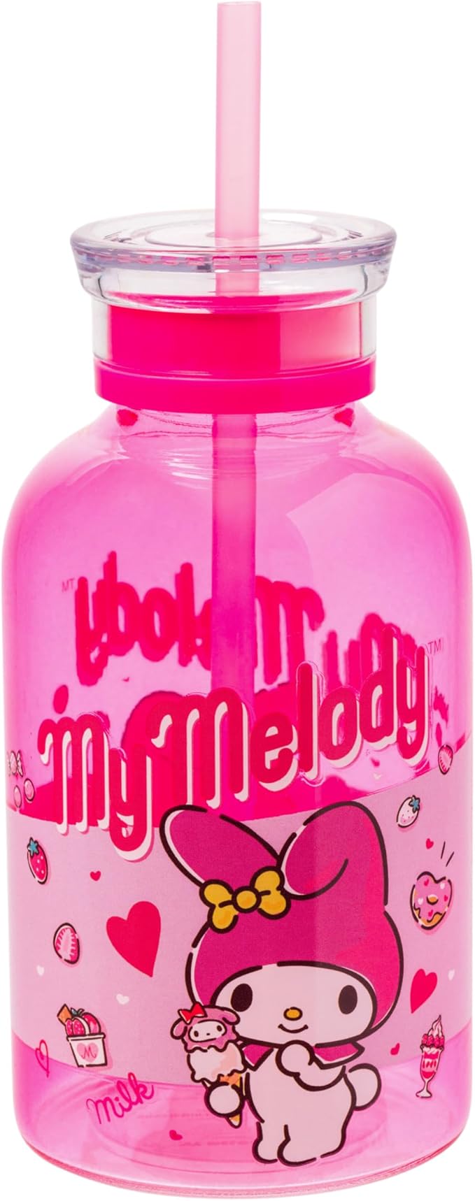 Silver Buffalo Sanrio Hello Kitty and Friends Featuring My Melody Strawberries Sweets Pink Glass Milk Bottle with Straw, 15 Ounces