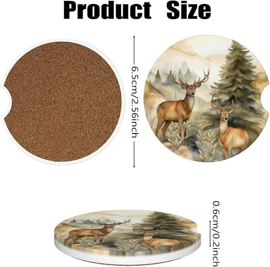 Car Cup Holder Coasters, 2 Pcs Ceramic Coasters with Finger Slot and Cork Back, Anti-Slip Shock Absorbing Women and Men Universal Car Accessories - Artistic Deer