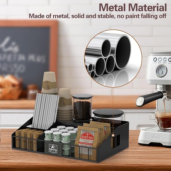 Metal Coffee Station Organizer for Countertop - Coffee Bar Organizer with Designable DIY Logo, K Cup Pods Holder & Tea Condiment Storage - Rustic Breakroom Kitchen Decor in Balck （1 Pcs）