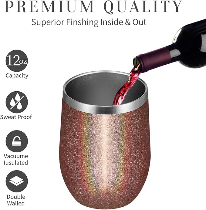 MEWAY 12oz/12 Pack Wine Tumbler Glasses with Lid - Stemless Double Wall Vacuum Stainless Steel Glitter Tumbler - Keeping Cold & Hot Cup for Coffee,Gift for Women(Rainbow Rose Gold,Set of 12)