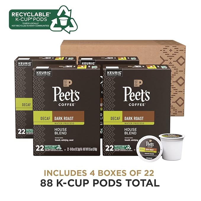 Peet's Coffee, Dark Roast Decaf Keurig K-Cup Pods, Decaffeinated Arabica Coffee - Decaf House Blend 88 Count (4 Boxes of 22 K-Cup Pods)