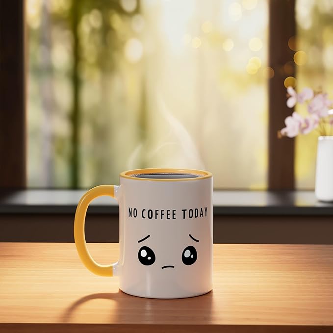 No Coffee Today - Minimalist Sad Face Caffeine Lover Ceramic Mug, Yellow/White