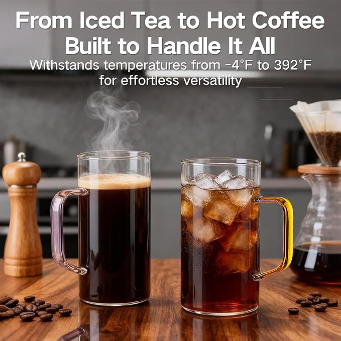 COMI Glass Coffee Mugs Set of 4, 17 oz Large Clear Coffee Cups with Colorful Handles, Hand Blown & Seamless Design, Heat Resistant and Explosion-Proof, Lightweight Tea Mugs for Home,Cafe