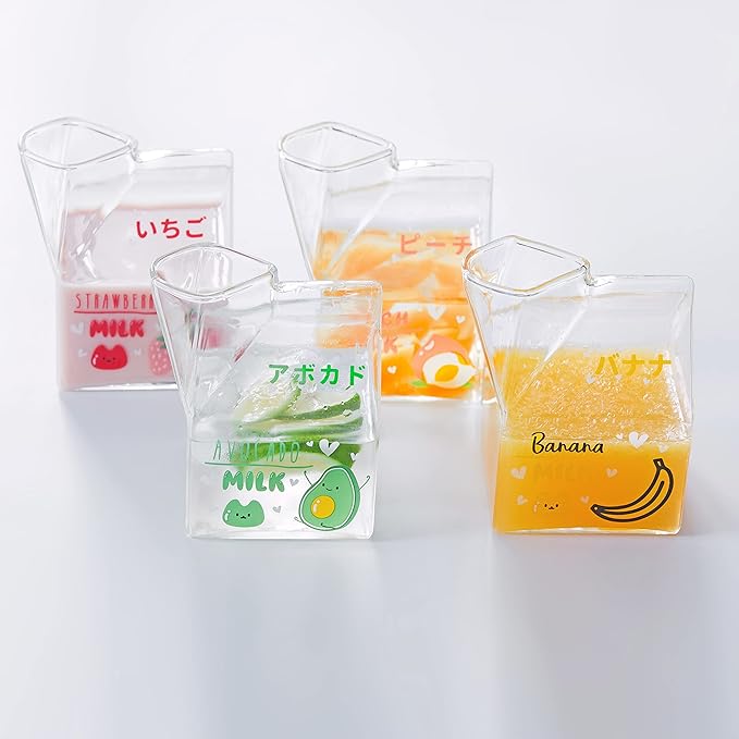 Kawaii Glass Milk Carton Cup Clear Cute Milk Cup Mini Creamer Pitcher Container Microwavable 12 Oz, 1Pcs(Avocado)