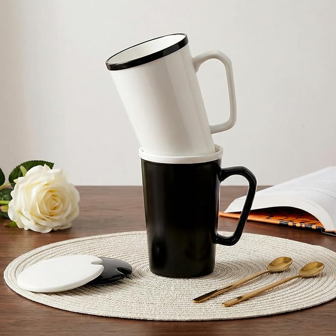 ZENFUN 2 Pc Ceramic Mugs Set for Couple, Coffee Mugs with Gift Box, Engagement Wedding Gift His and Hers, 13 oz Porcelain Mug Set with Lid and Gold Spoon(Black&White)