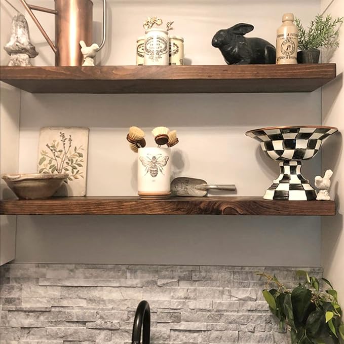 URBANDI, Rustic Floating Shelves, Set of 2, Hidden Bracket, Solid Wood, Heavy Duty, Wall Mounted Shelves, (Provincial, 12Wx8D)