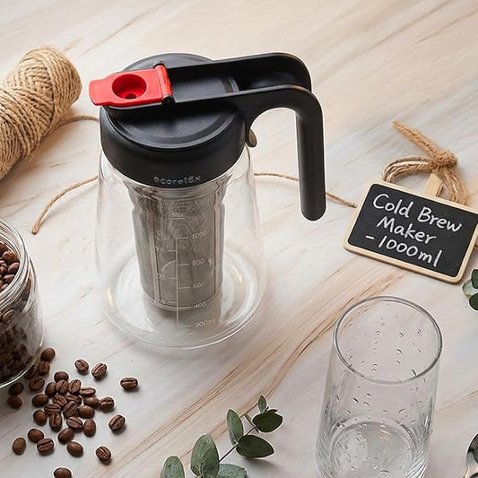 ECORELAX Cold Brew Coffee Maker,High Transparency Borosilicate Glass Container with Stainless Steel Filter, Iced Tea Pitcher with Lid,Modern Style, Ergonomic Handle,Spill-proof Lid (Black, 1L/32oz)