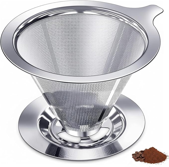 Stainless Steel Pour Over Coffee Dripper, Paperless Reusable Cone Coffee Filter with Ultra Fine Micro Mesh, Pour Over Coffee Maker for Single Cup Brew, Non-slip Stand for Perfect Extraction, 1-4 Cups