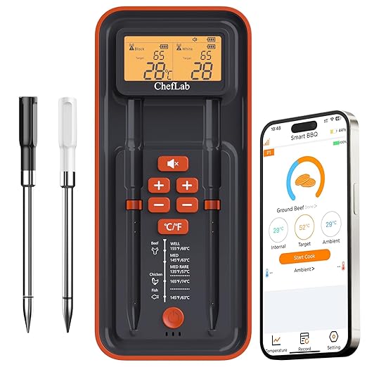ChefLab AI Meat Thermometer Wireless, 500ft Long Range Smart Digital Bluetooth BBQ Thermometer for Grilling, Smoker, Oven, Kitchen Cooking (Dual Probe)