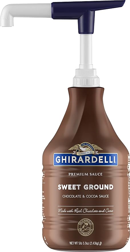 Ghirardelli Sweet Ground Chocolate & Cocoa Sauce 85.9 Ounce Bottle with Ghirardelli Stamped Barista Spoon & Pump