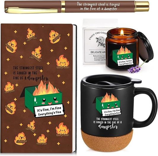 4 Pcs Funny Dumpster Gag Gifts Set for Employee Coworker Valentines Day Emotional Dumpster Notebook Mug Ballpoint Pen Scented Candle Appreciation Gift for Work Team Staff Teacher Nurse Boss
