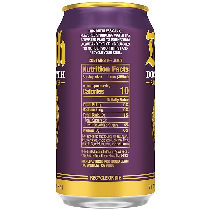 Liquid Death Soda-Flavored Sparkling Water - Doctor Death (Cherry, Cream, Spice), Less Sugar*, Huge Flavor, No Caffeine, No Artificial Sweeteners, 12 Fl Oz (Pack of 12)