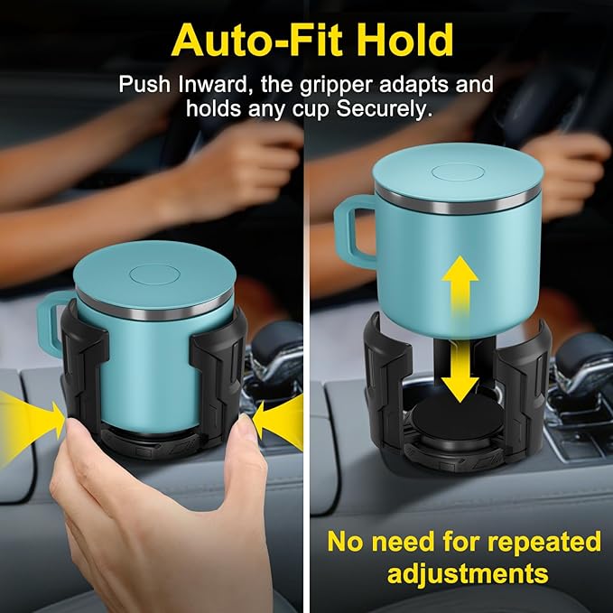 Cup Holder Expander (Adjustable Holder & Base, Auto-Fit Hold, One Button Open), Car Cup Holder Expander for Yeti, Hydro Flask, Nalgene, Owala, Bottles in 2.6"- 4.8" (1 Pack, Black)