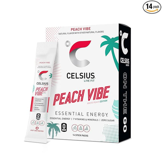 CELSIUS On The Go PEACH VIBE, Sugar Free Energy Drink Mix (14 Sticks per Pack)
