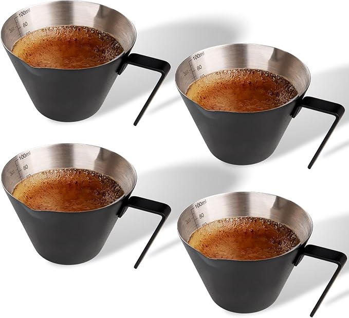 YARRAMATE 4Pcs Stainless Steel Espresso Shot Cup, Double Spout Metal Espresso Measuring Cup with V-Shaped Mouth, Espresso Accessories, 3.4OZ/100ML (Black)