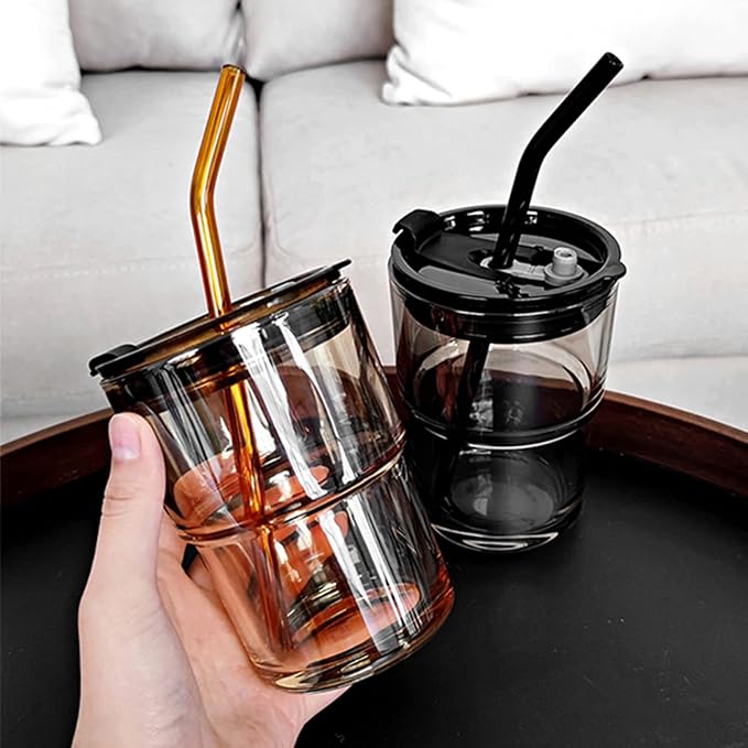 13oz/400ml Tumbler Water Glass, Water Bottle with Straw and Lid Sealed Carry on, Glass Coffee Mug Iced Tea Cup Thick Wall Insulated Glass Cup (Gray)