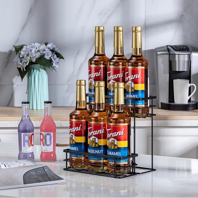 Coffee Syrup Organizer Rack, (6 Bottle Capacity),2 Tier Coffee Syrup holder for Coffee Bar Accessories,Kitchen,Storage for Syrup, Wine, Dressing（Black）