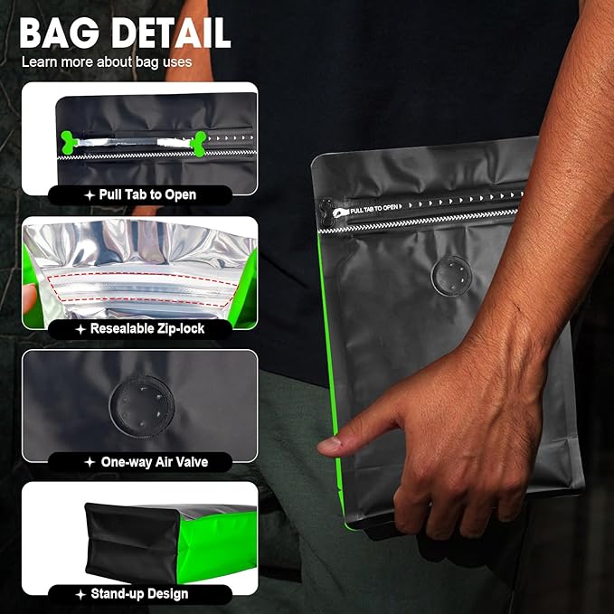Coffee Bags with Valve(60pcs,8oz,0.5lb) Vented Coffee Beans Packaging Bags High Barrier Aluminumed Foil Flat Bottom Heat Sealed Side Zipper Resealable Storage Bag for Home or Business（Black+Green）