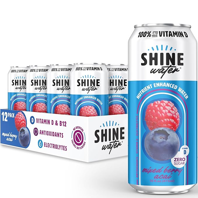 Shine Water Mixed Berry Acai Vitamin D Electrolyte Drink | Zero Sugar Hydration Beverage with Magnesium, Zinc & Antioxidants | Low Calorie Plant-Based Vitamin Water | 12 Pack