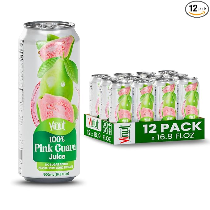 VINUT 100% Pink Guava Juice, No Added Sugar, Not From Concentrate, 16.9 fl oz (500 mL) Can, Pack of 12