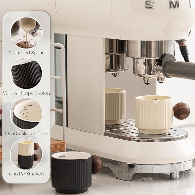 KEMORELA Demitasse Cups, Espresso Cups Set of 2, 3oz Double Spouts, Ceramic Espresso Cups, 90ml with Ounce & Milliliter Markings, Durable Heat-Resistant, Espresso Accessories for Coffee Lovers