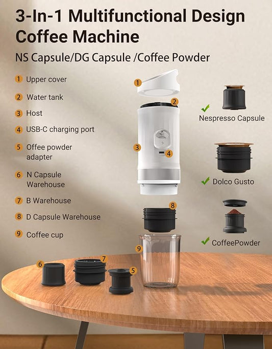 Portable Electric Espresso Machine, 3 IN 1 Self-Heating Travel Coffee Maker for Ground Coffee, NS Capsule&DG Capsule, 20 Bar Portable Coffee Maker with 9600mAh Battery for RV, Hiking, Office, Camp